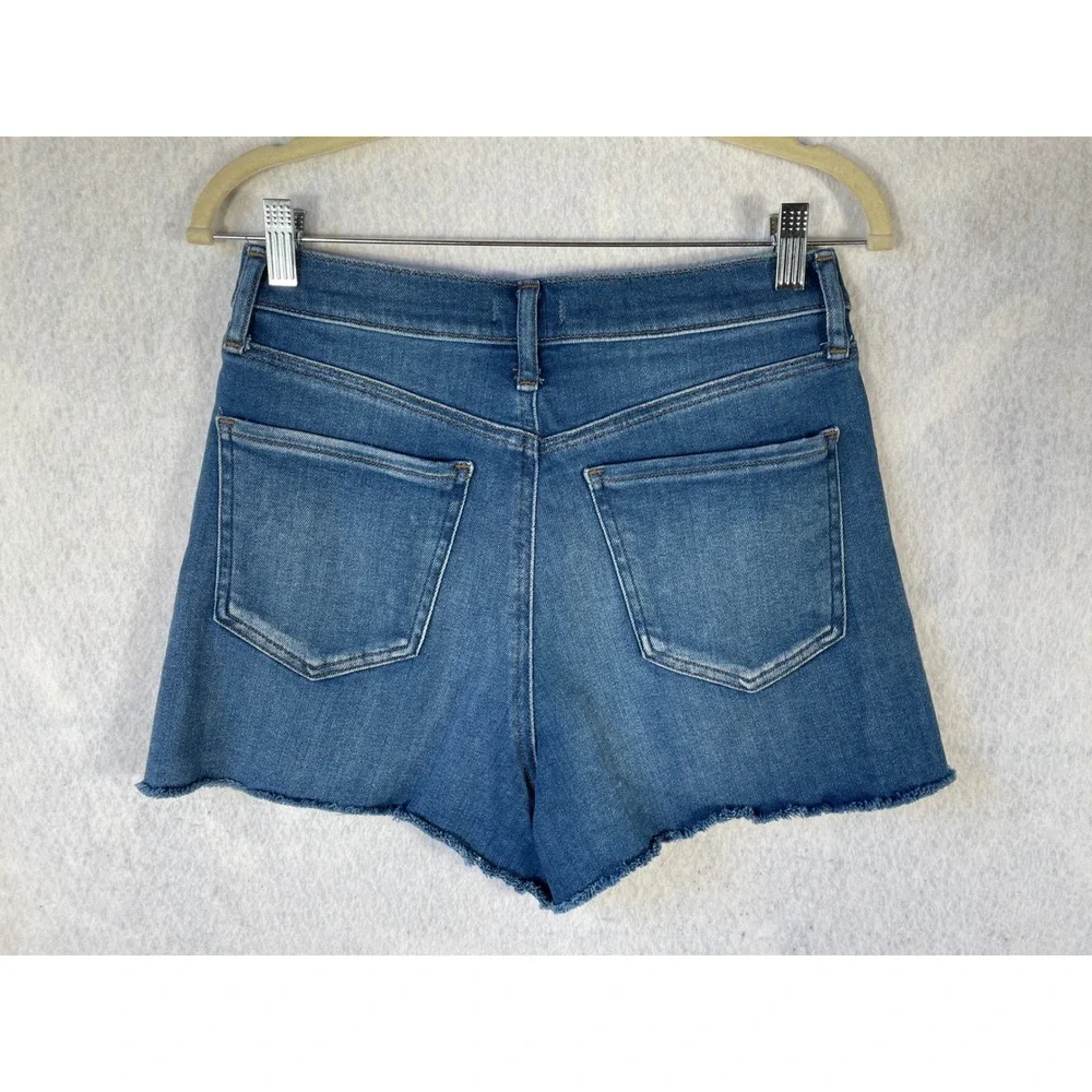 Express Womens High Rise Distressed Mom Shorts Medium Wash Blue Size 6 Raw Hem
